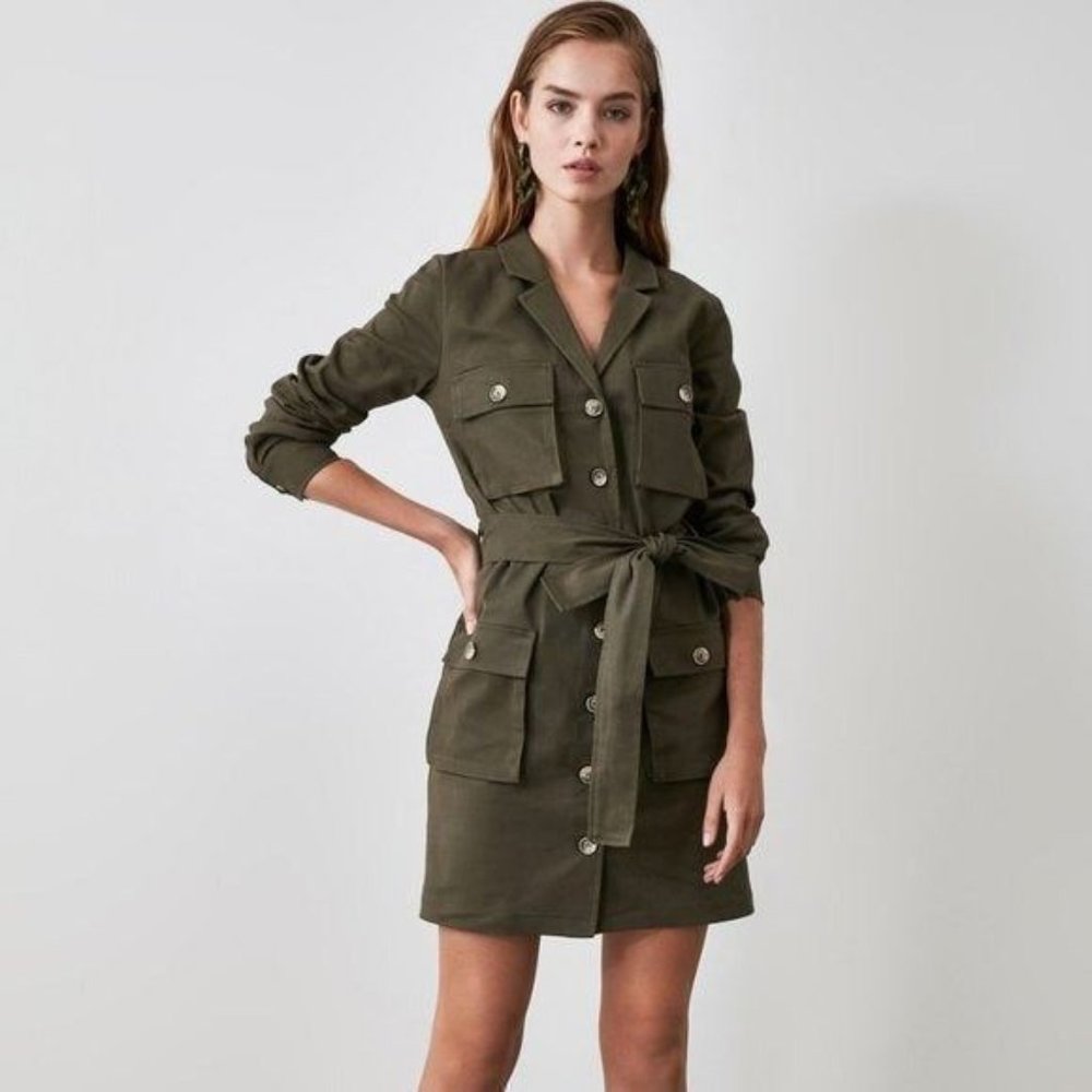 Khaki Belted Pocket Detailed Dress